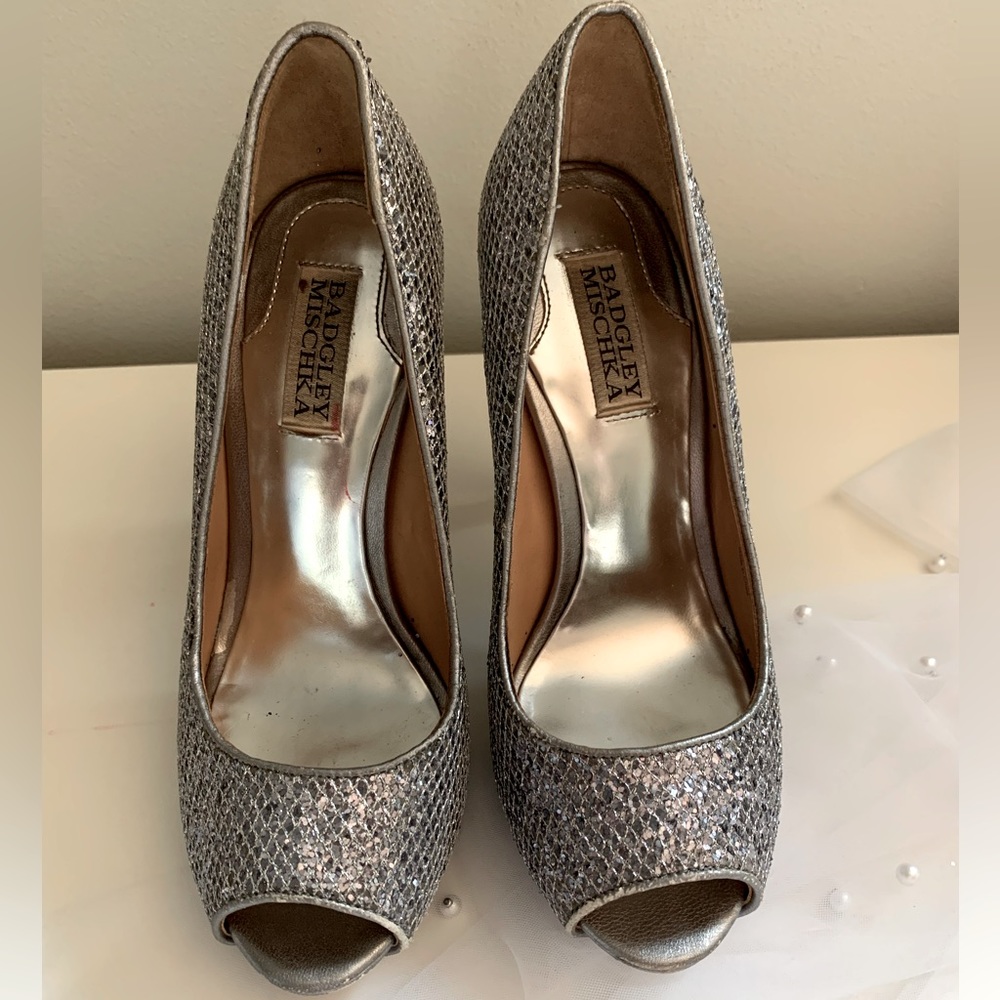 Badgley Mischka - Silver Sequin Peep Toe Pumps
